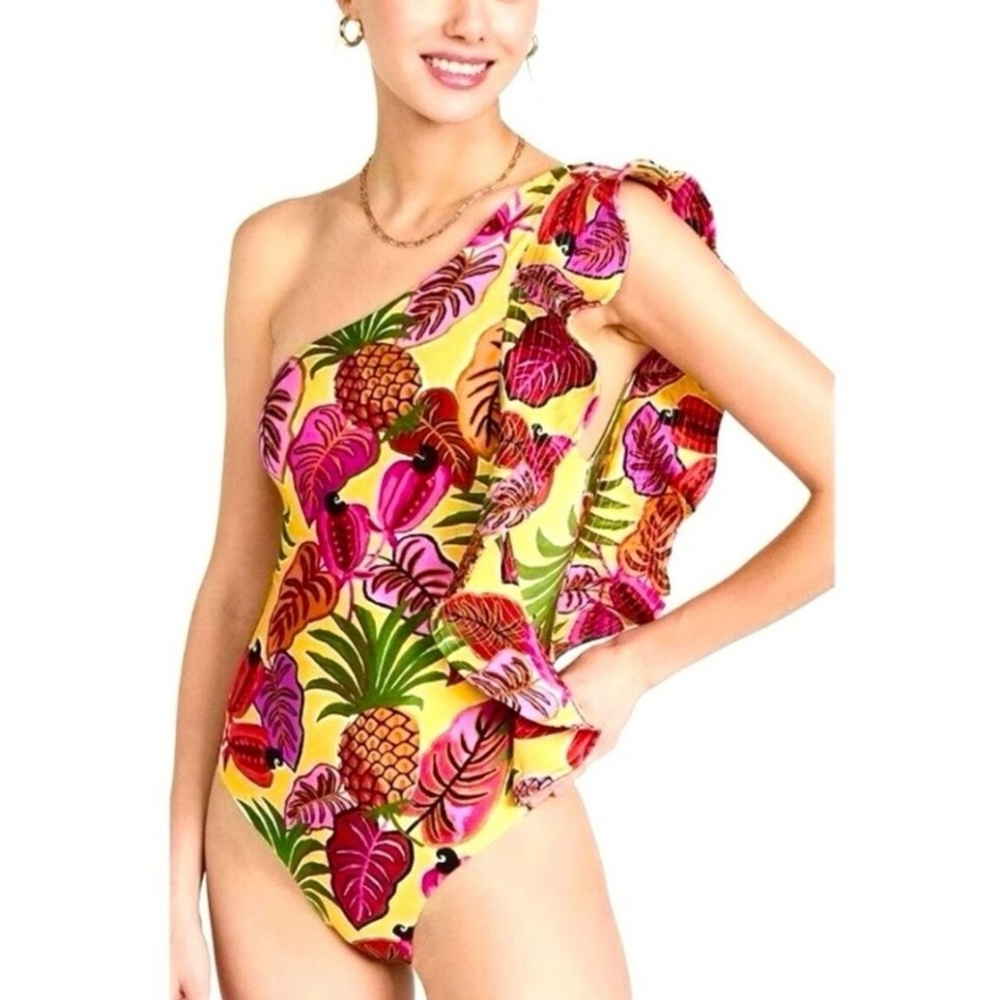 FARM RIO Tropical Dreams One-Shoulder Side Ruffle One Piece Swimsuit NWT - Picture 6 of 9